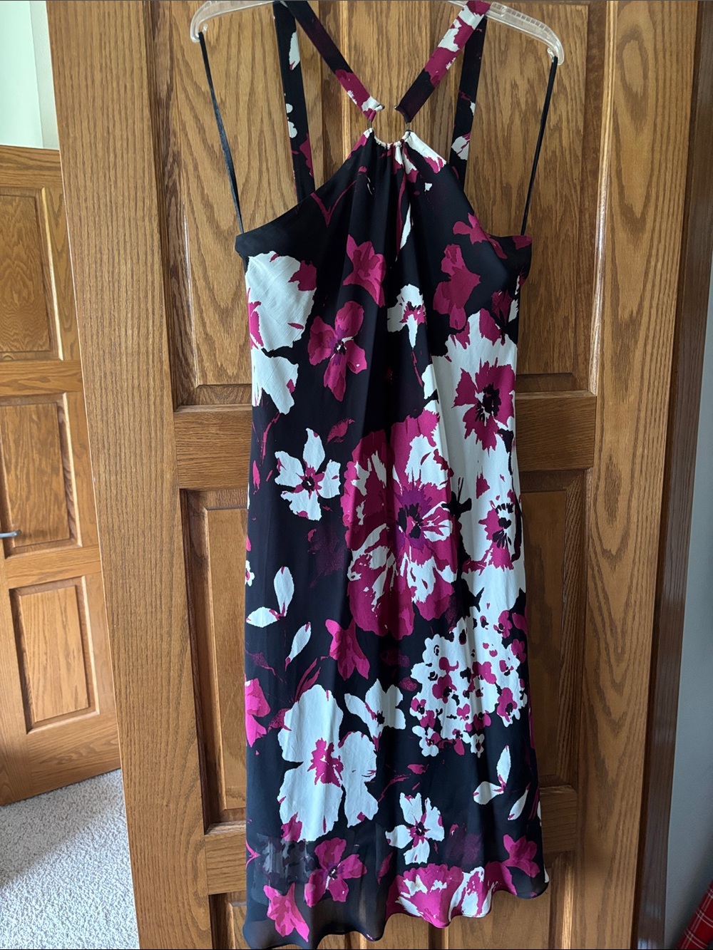 Evan Picone Black Midi Dress with Fuchsia and White Floral Print
